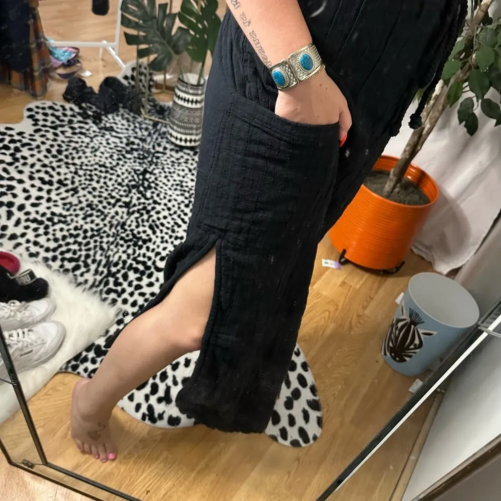 Free People Drawstring Waist Midi Skirt Black Size Medium - Image 3