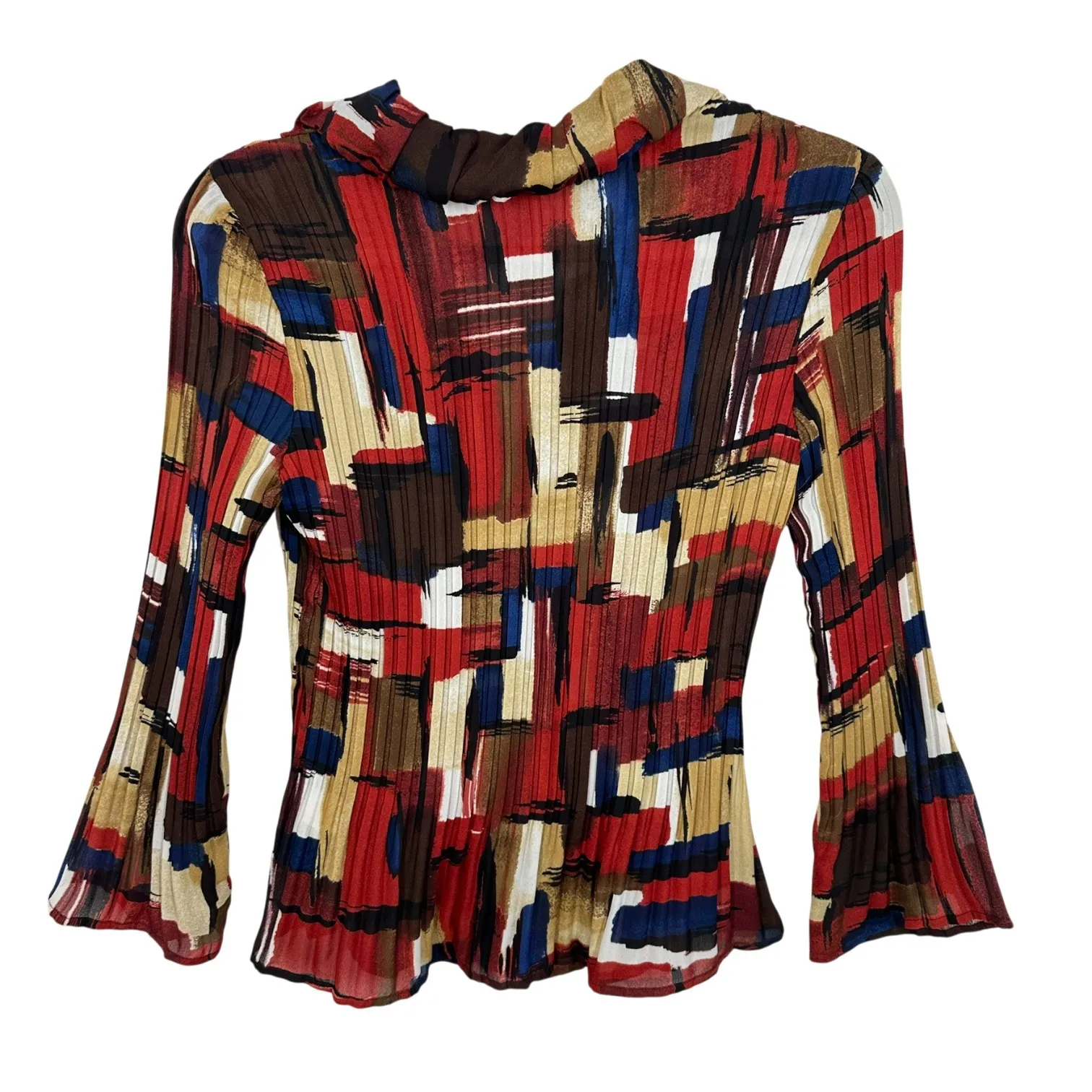 Vintage Allison Taylor Petite Geometric Abstract Pleated Flared Sleeve Button Up - Image 8