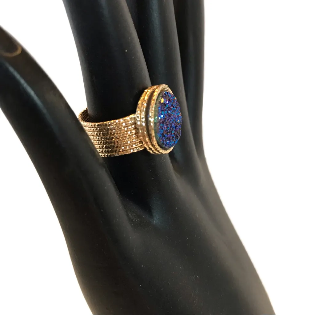 14K SOLID YELLOW GOLD WITH BLUE DRUZY QUARTZ STACKED WRAP STYLE RING (5.25) - Image 3