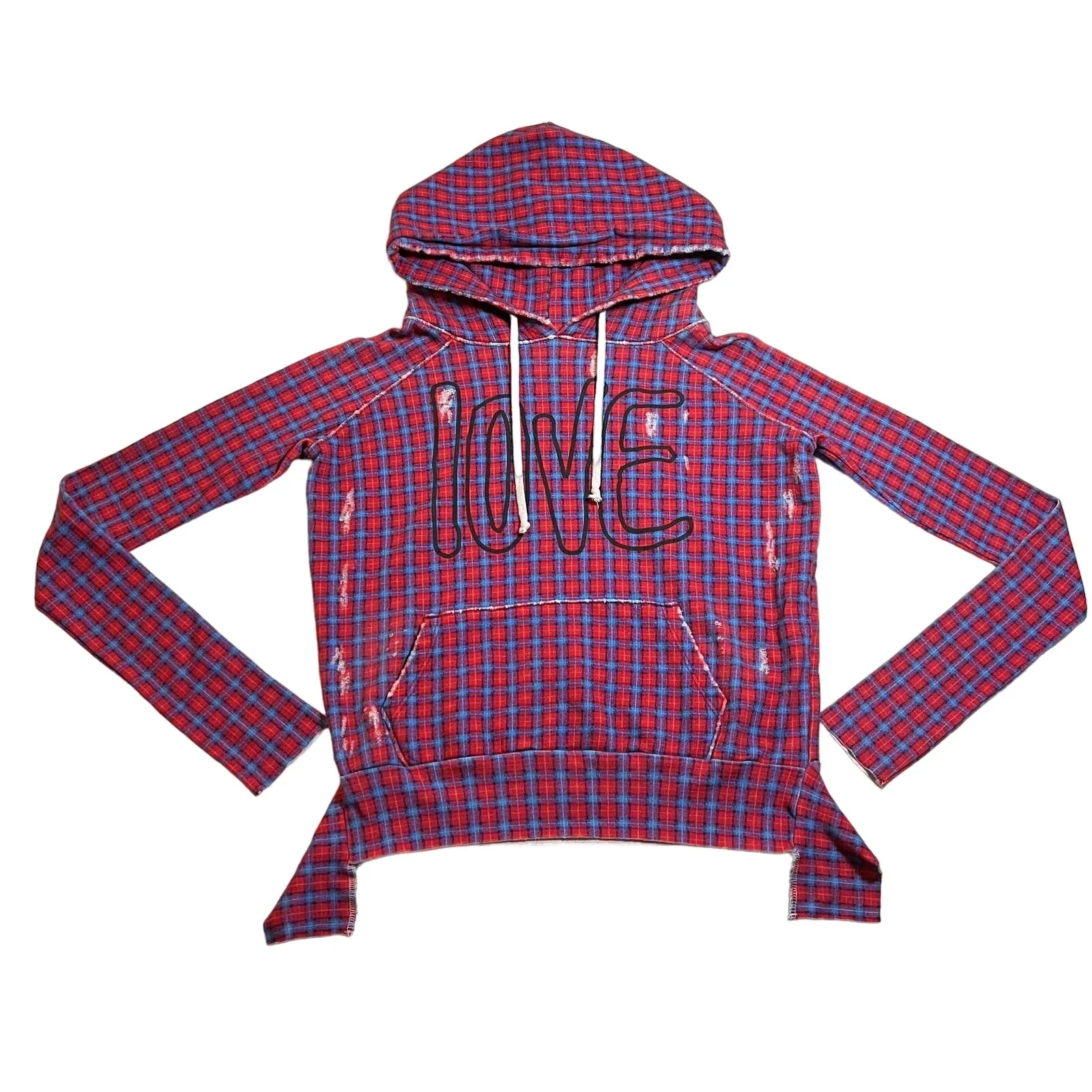 Frank & Eileen Plaid LOVE Distressed Pullover Hoodie Sweatshirt Size XS - Image 2