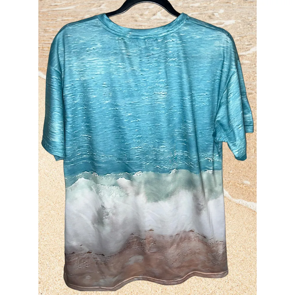 Women's Casual Beach Wave Surf Print Short Sleeve Shirt Size XL - Image 3