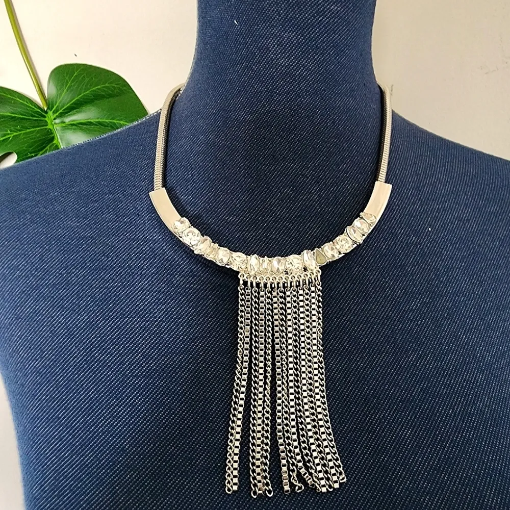 Silver Crystal with Fringe Bar Necklace and Earrings Set - Image 8
