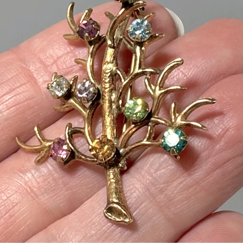 Vintage Estate Multicolor Rhinestone Tree Of Life Family Tree Brooch Pin Gold - Image 4