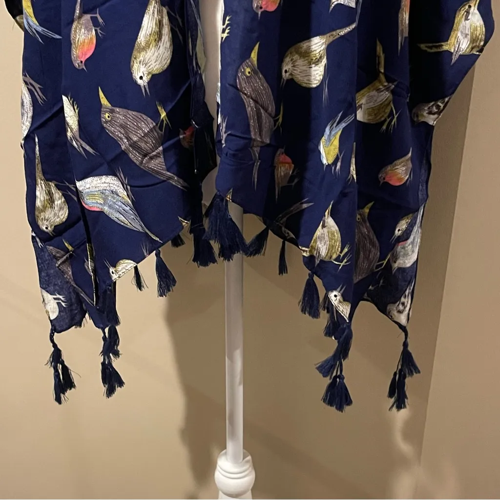Navy Bird Print Kimono with Tassels Blue Size undefined - Image 3