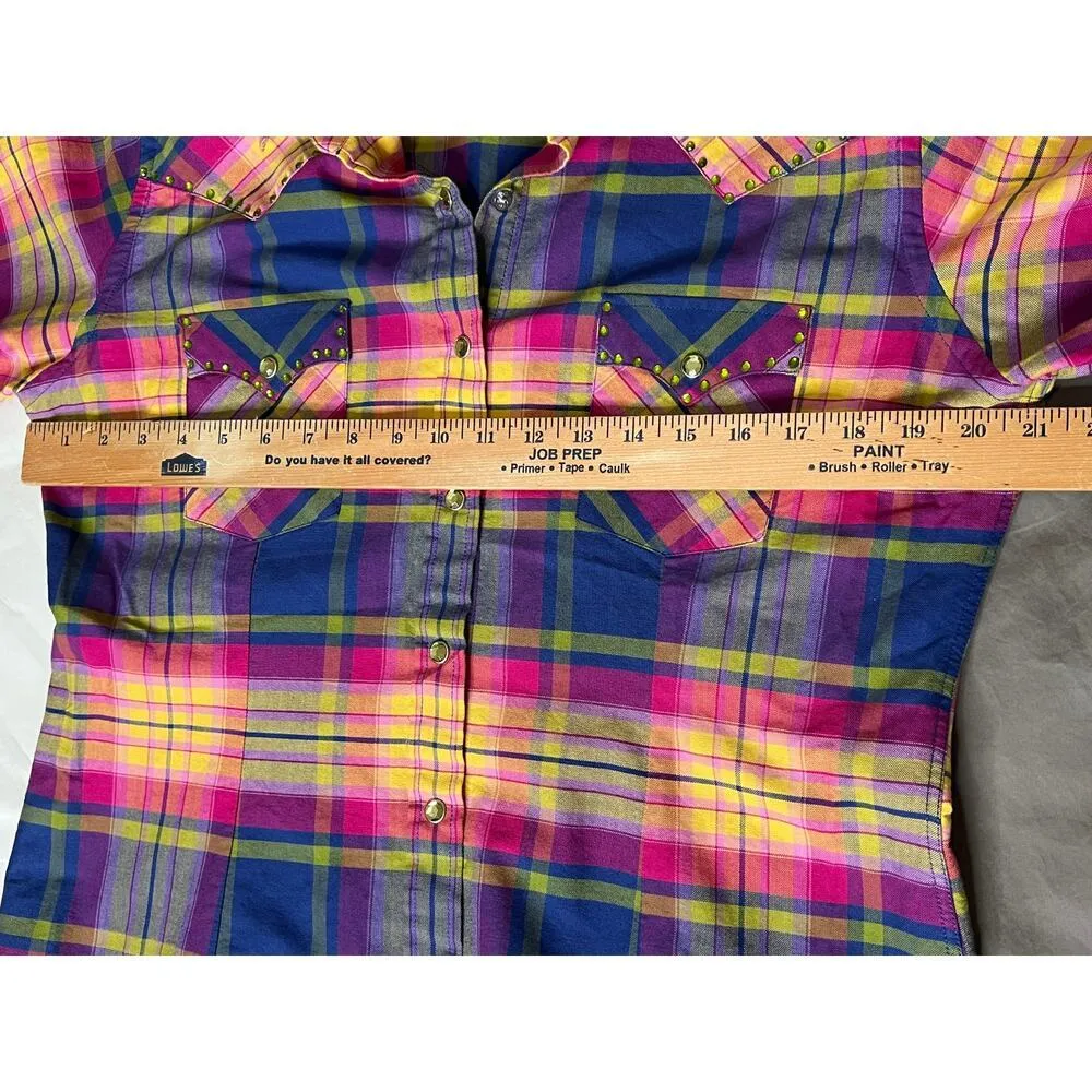 Rough Stock womens size L shirt plaid purple/pink pearl snap western style Purple Size L - Image 3