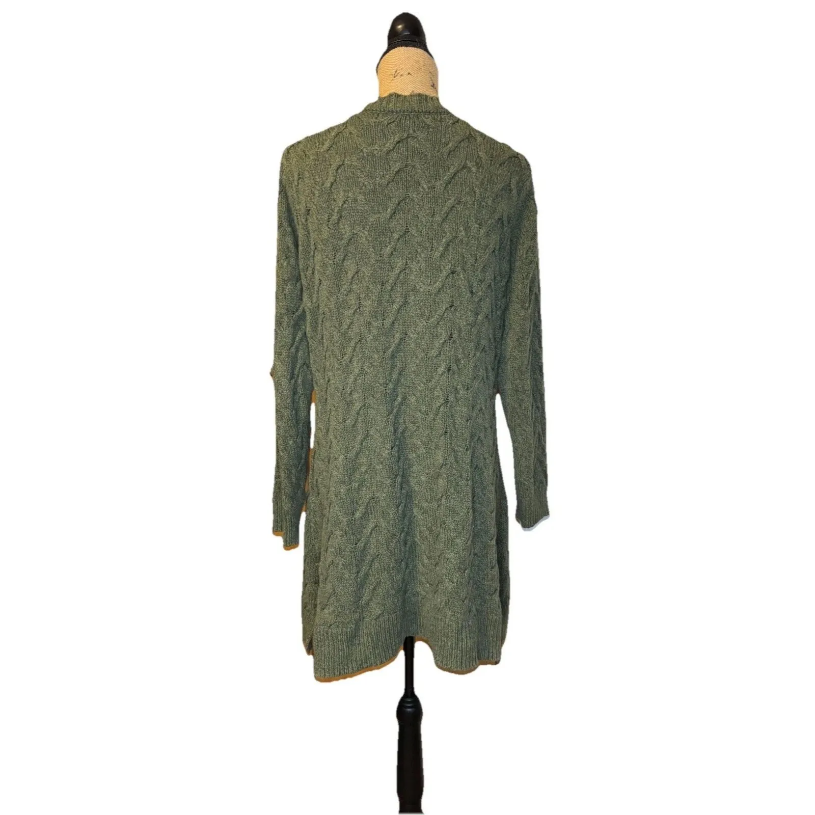 DENIM & CO Green Long Cable Knit Sweater Cardigan Tunic Pockets Chunky Outdoor L Size L - Image 3