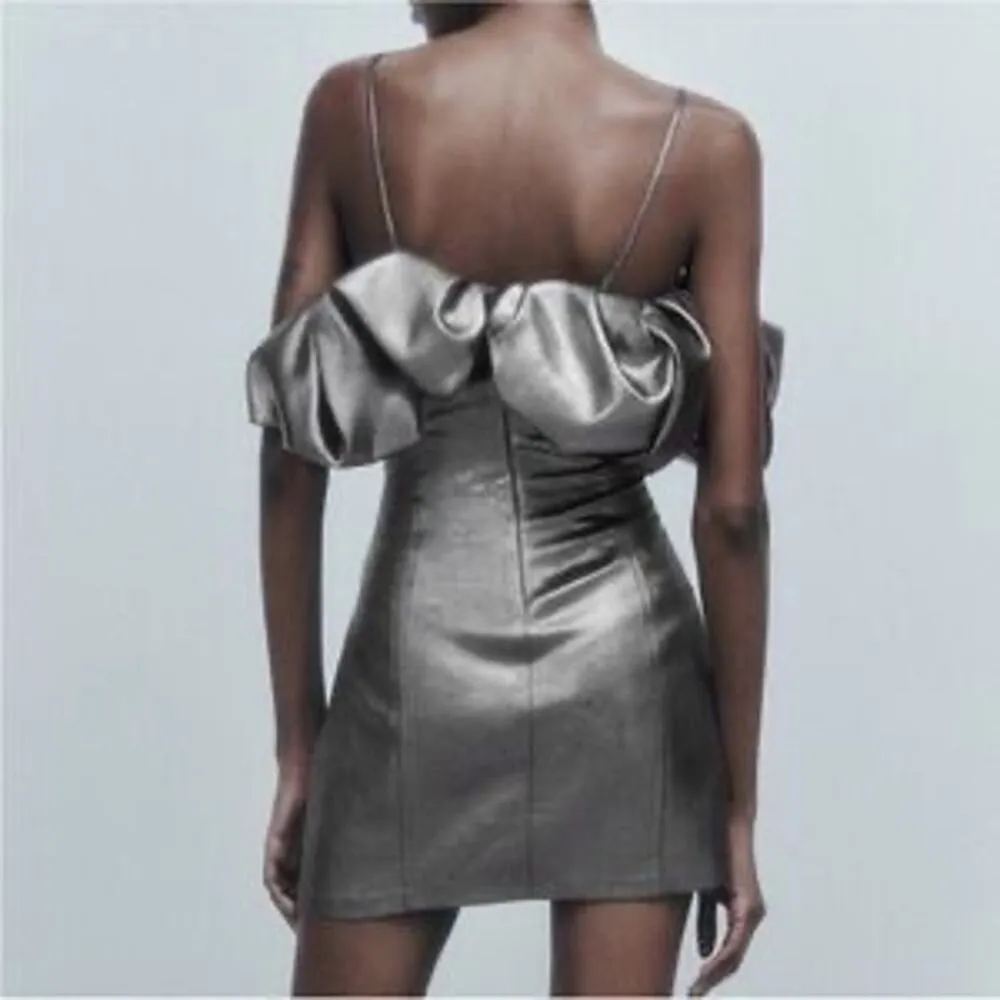 NWOT Zara Silver Metallic Short Full Dress Off Shoulder Ruffled Mini Size S - Image 2