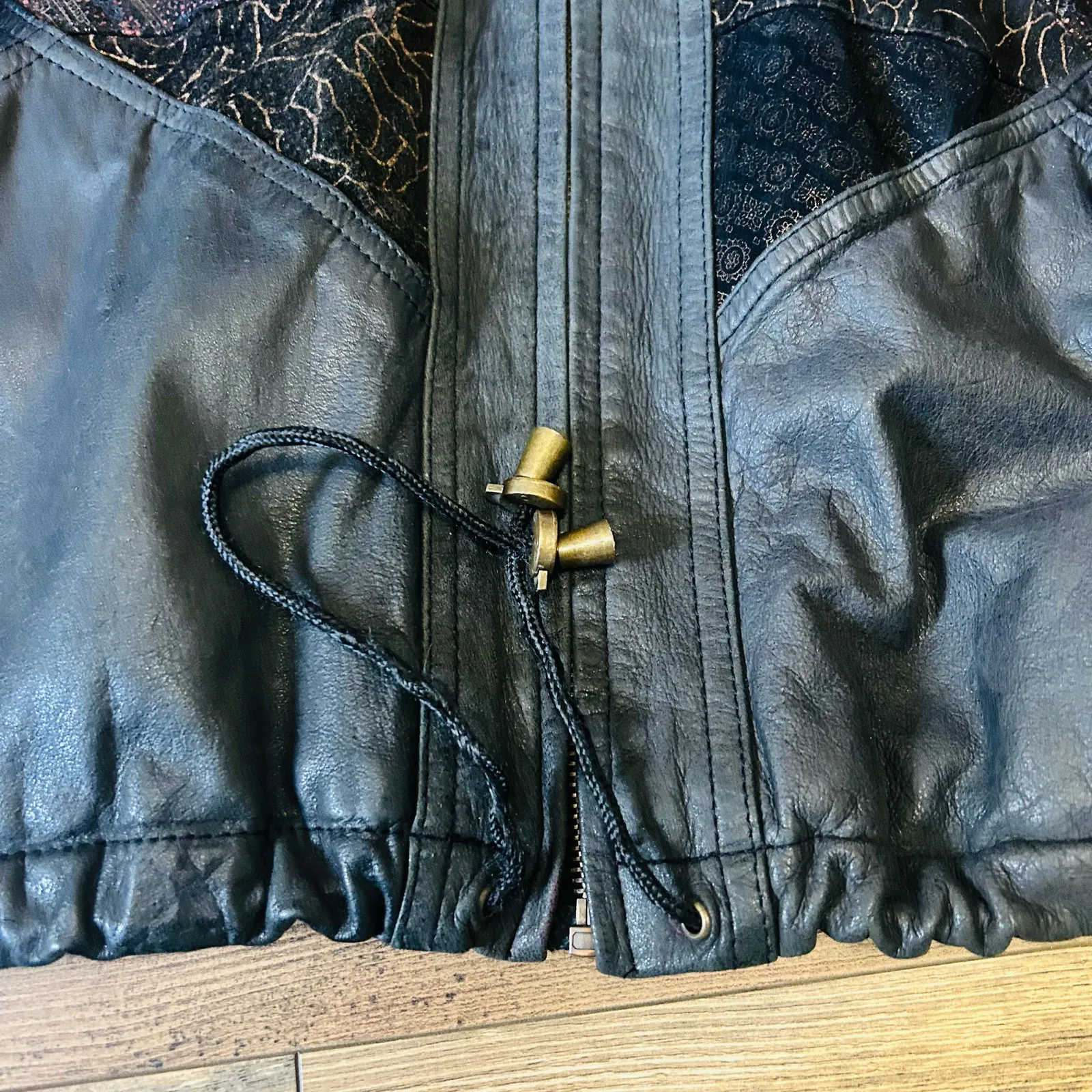 Vintage 80s Black Leather Jacket Metallic Gold Patchwork Suede Large 1990s 1980s - Image 11