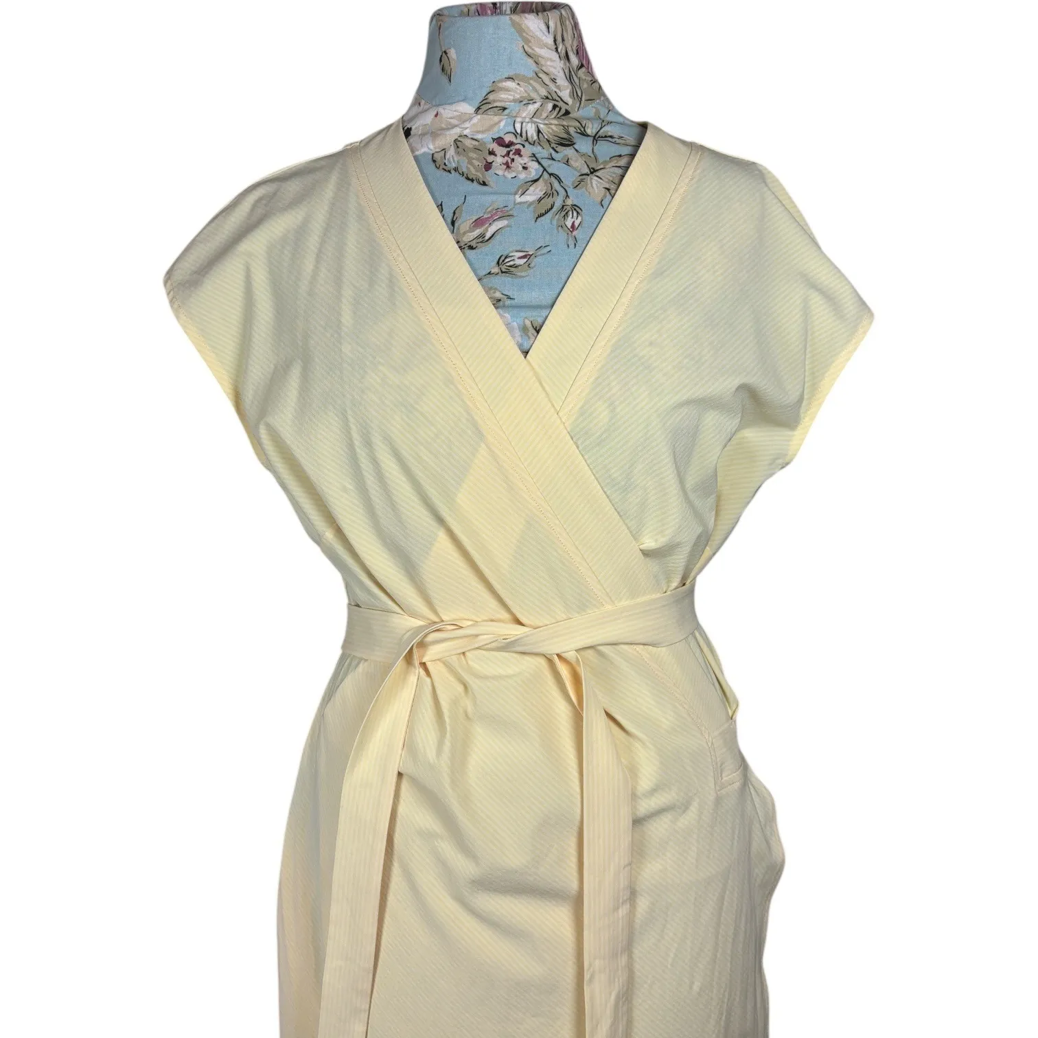 Athleta Newport Wrap Dress Yellow Pinstripe Short Sleeve Belted Midi Athletic L - Image 4