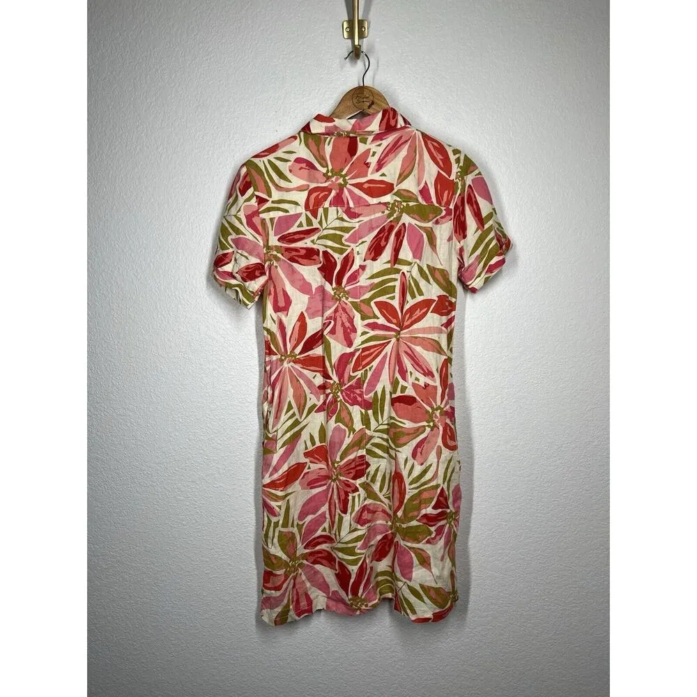 Nicole Miller Washable Linen Tropical Floral Button Shirt Shift Dress Small - Image 4