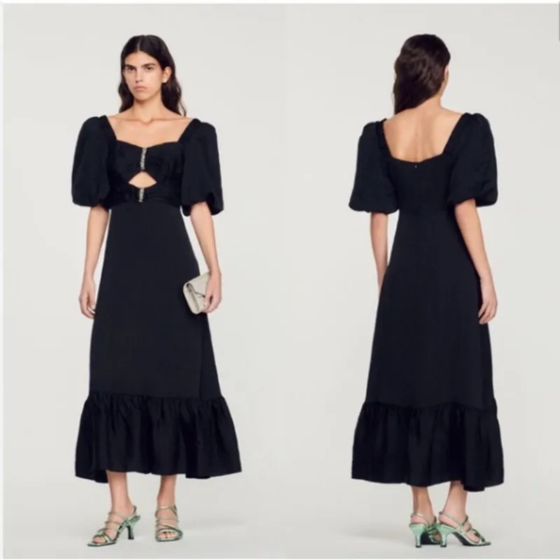 Sandro Falbala Black Rhinestone Embellished Puff Midi Dress 34 NEW - Image 7