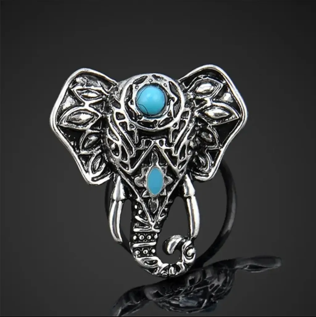 Bohemian Elephant Ring with Turquoise Accent Silver‎ Plated Adjustable Open Band Silver - Image 6