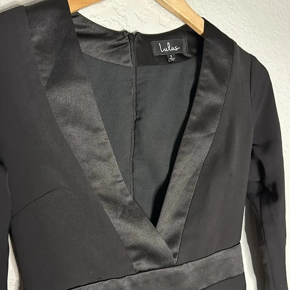 Lulus Close-Up Magic Long Sleeve Dress LBD Tuxedo Mini Satin Birthday Party - Image 4