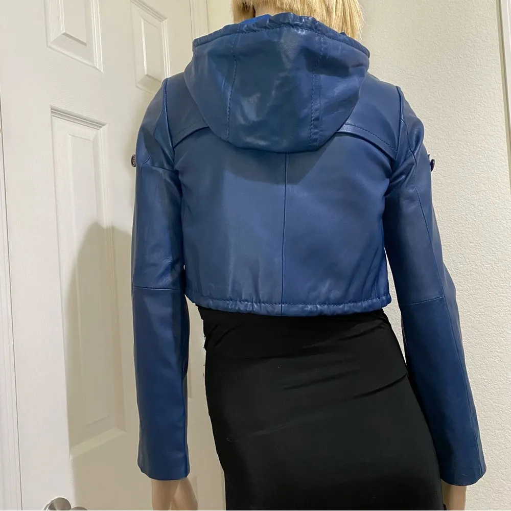 BCBGMaxAzria Blue Cropped Hooded 100% Leather Jacket Size XS - Image 5