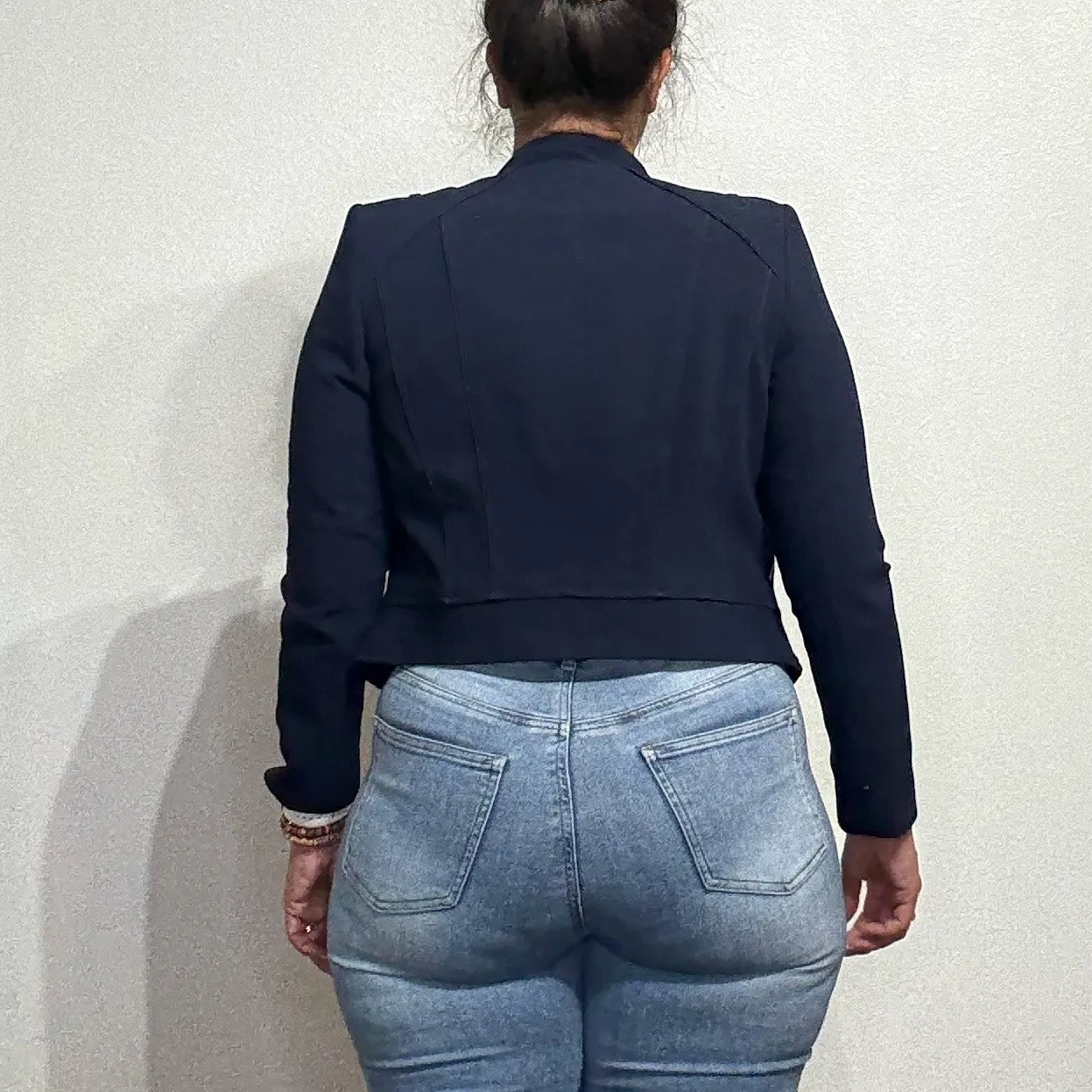 White House Black Market Navy Blue Cropped Moto Jacket Sz 10P - Image 9