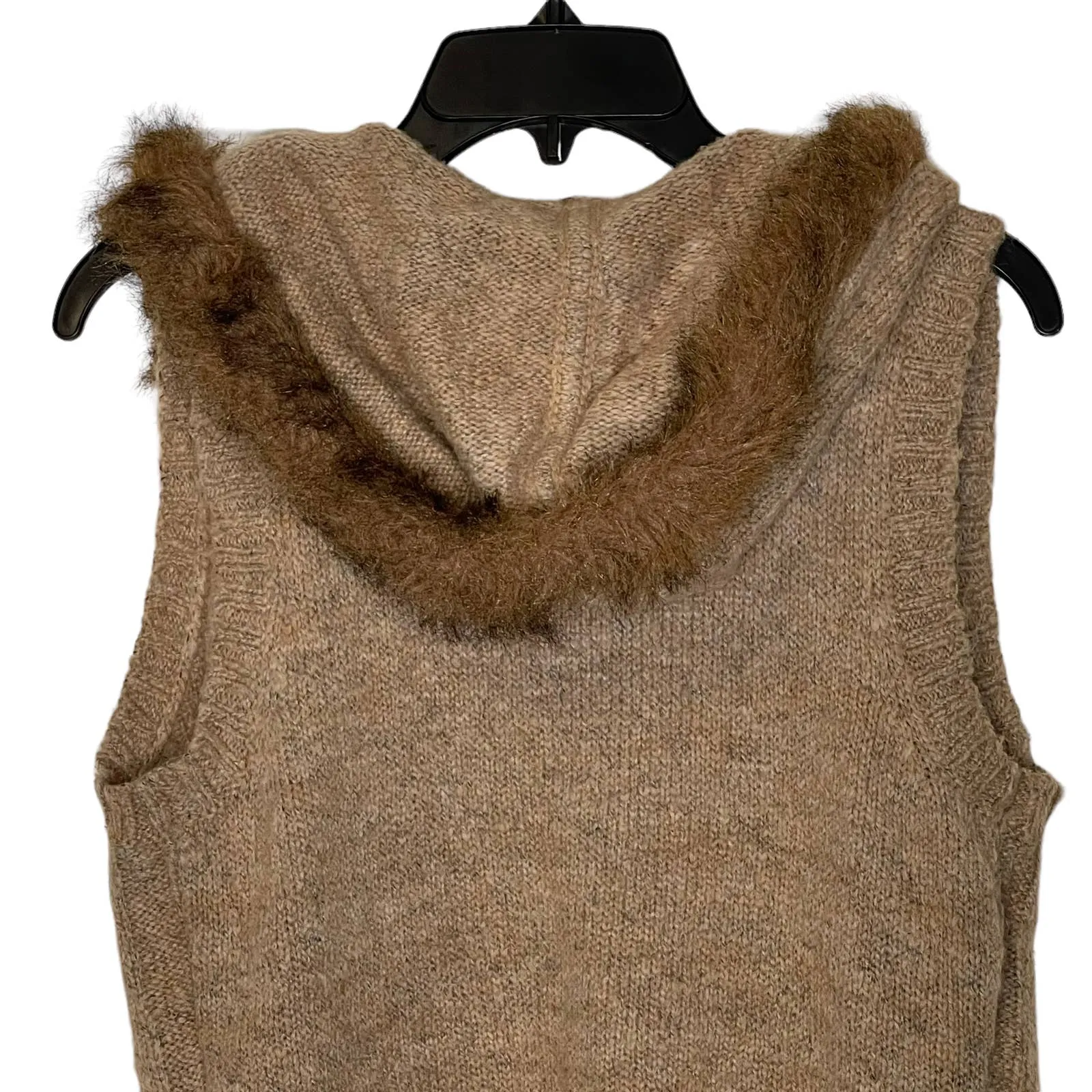 Christopher & Banks Open Hooded Brown Vest Fux Fur Trim Wool Blend‎ Women Small - Image 7