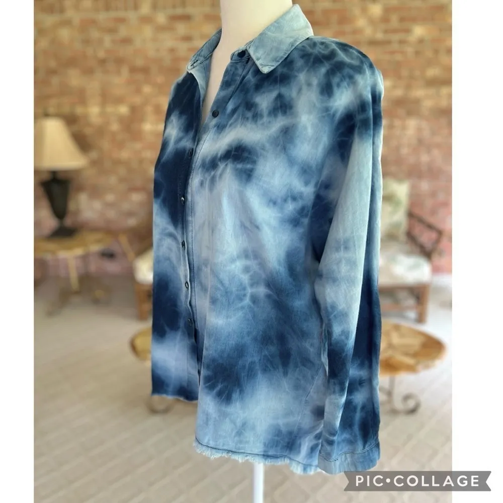 Zara Blue Chambray Tie Dye Raw Hem Shirt Top XS - Image 8