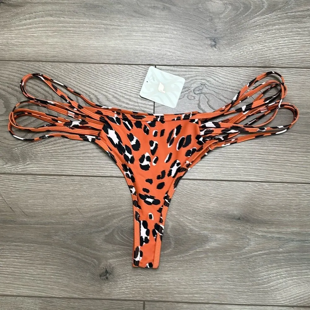 Fabletics Strappy Bikini Bottom Orange‎ Black Animal Print Size XXL - Image 3