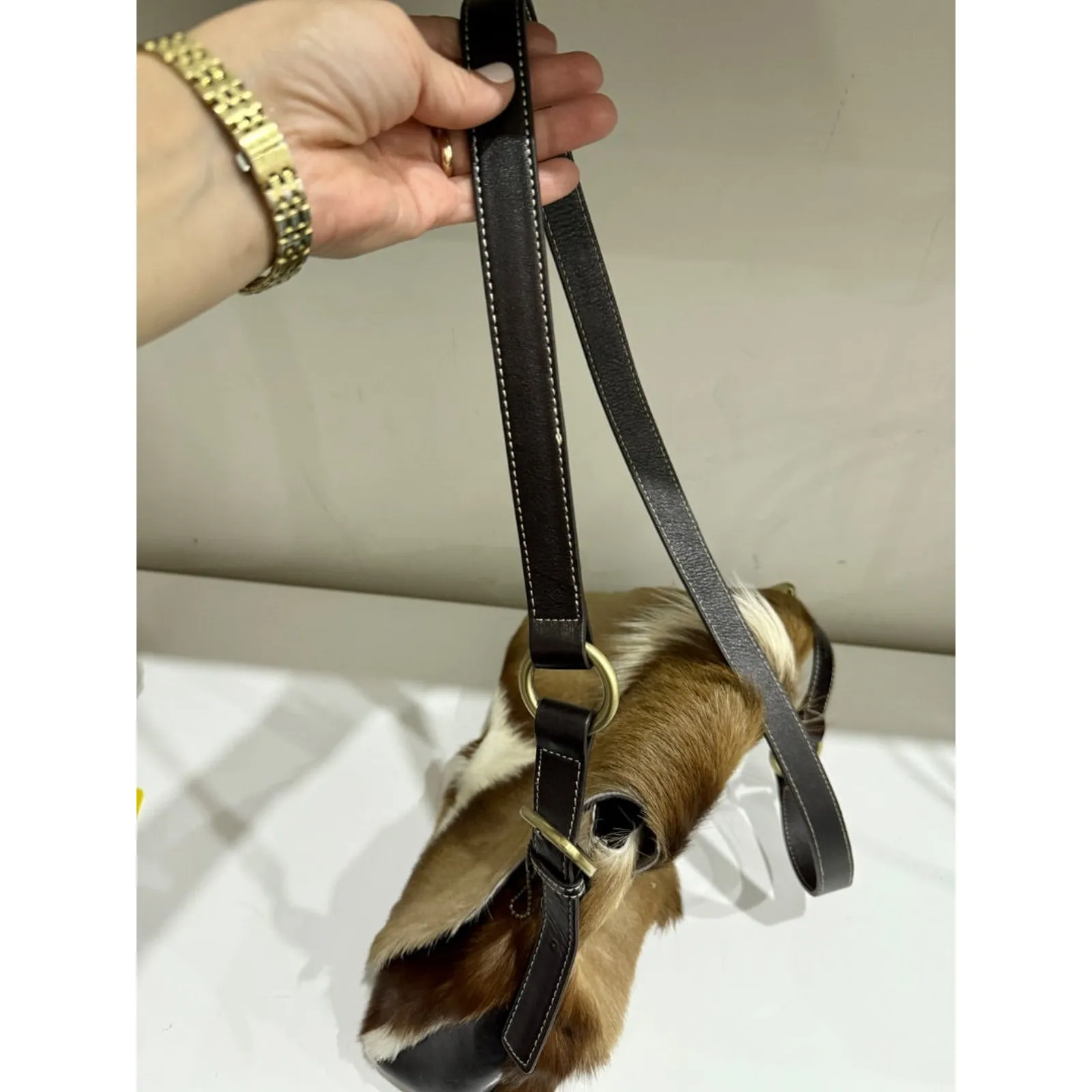 Diane Gail South African Springbok Fur with Leather Trim Crossbody Messenger Bag Brown - Image 12