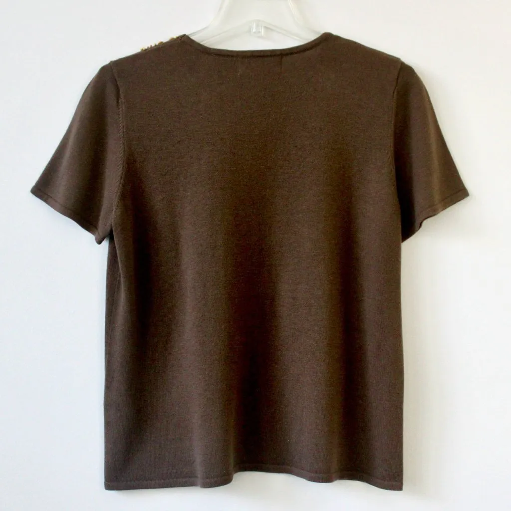 Alfred Dunner Brown Beaded Short-Sleeve Sweater Blouse Medium Petite - Image 3