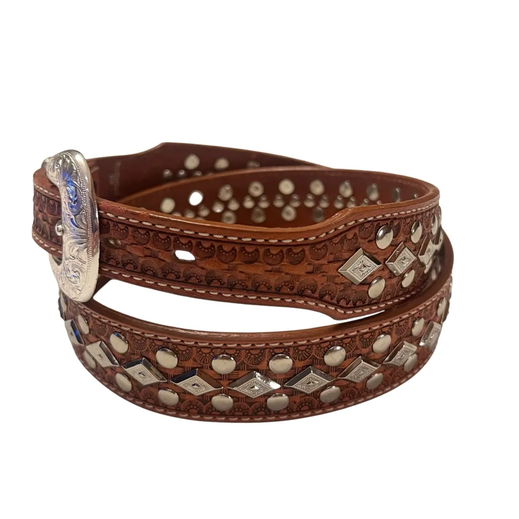 Concho Cowgirl Leather Belt with Silver Studded Hardware Brown - Image 3