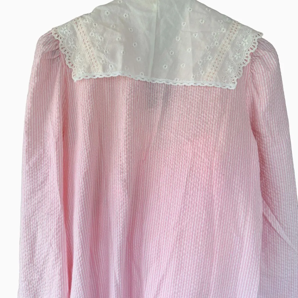 Juli Slumbertogs Vintage Pink Seersucker Nightgown Robe Set Eyelet Lace Cottage - Image 10
