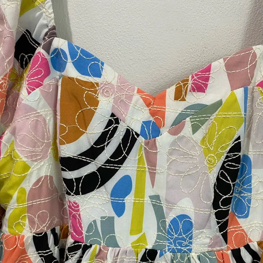 Joy Joy Embrodiered Geo Print Colorful Babydoll Mini Puff Sleeve Dress Sz XS - Image 4