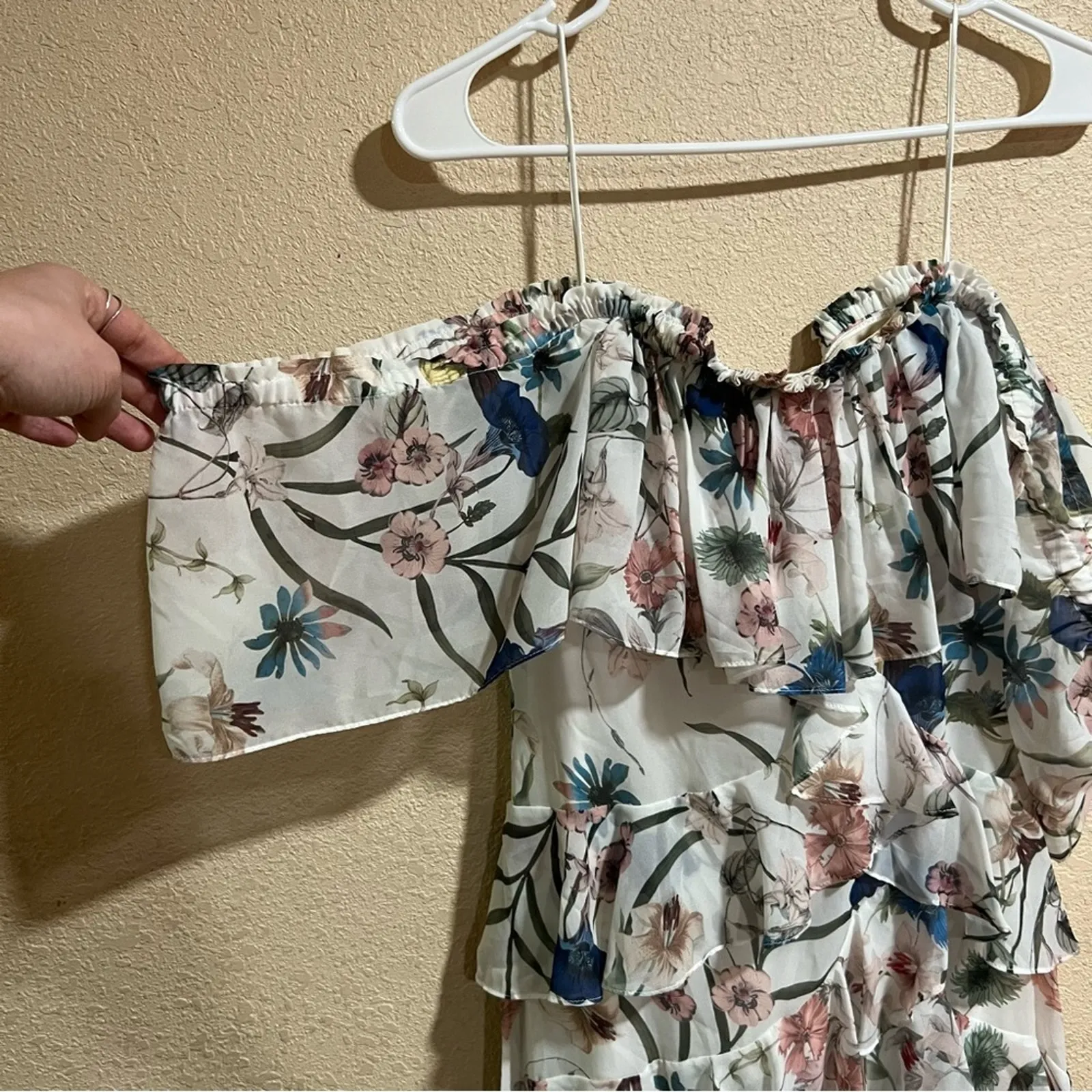 Badgley Mischka White Floral off the shoulder ruffle High Low Maxi Dress - Image 3