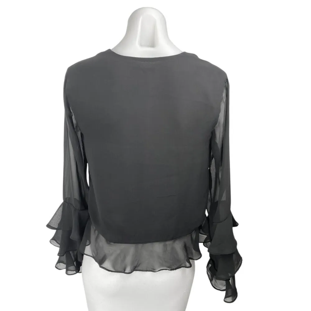 Tularosa Winnie Black Ruffle Plunge Tie V-neck Long Sleeve Peplum Blouse Top XS - Image 2