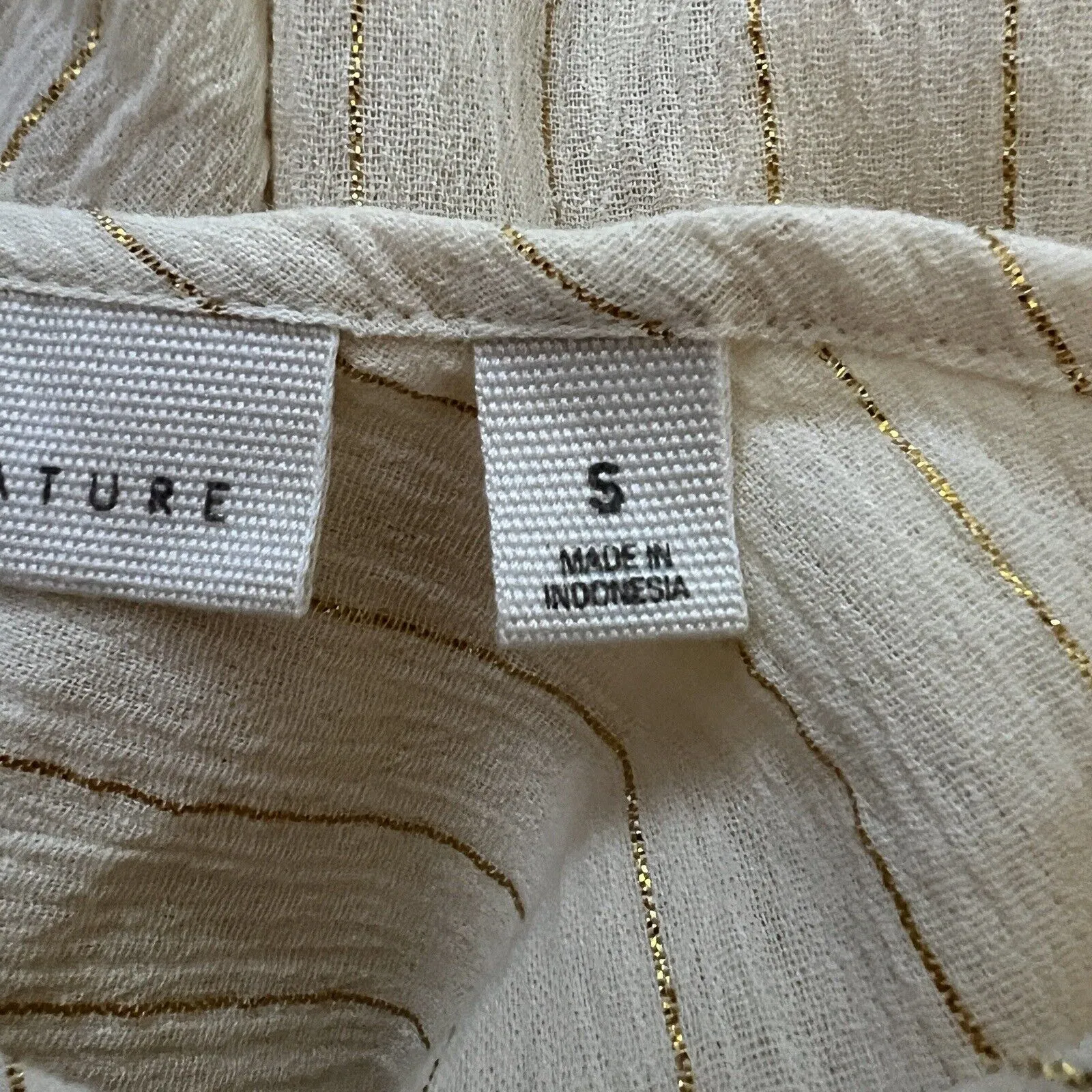Happy x Nature Shirt Women Small Cream Gold Stripe Peasant Blouse‎ Office Casual - Image 8