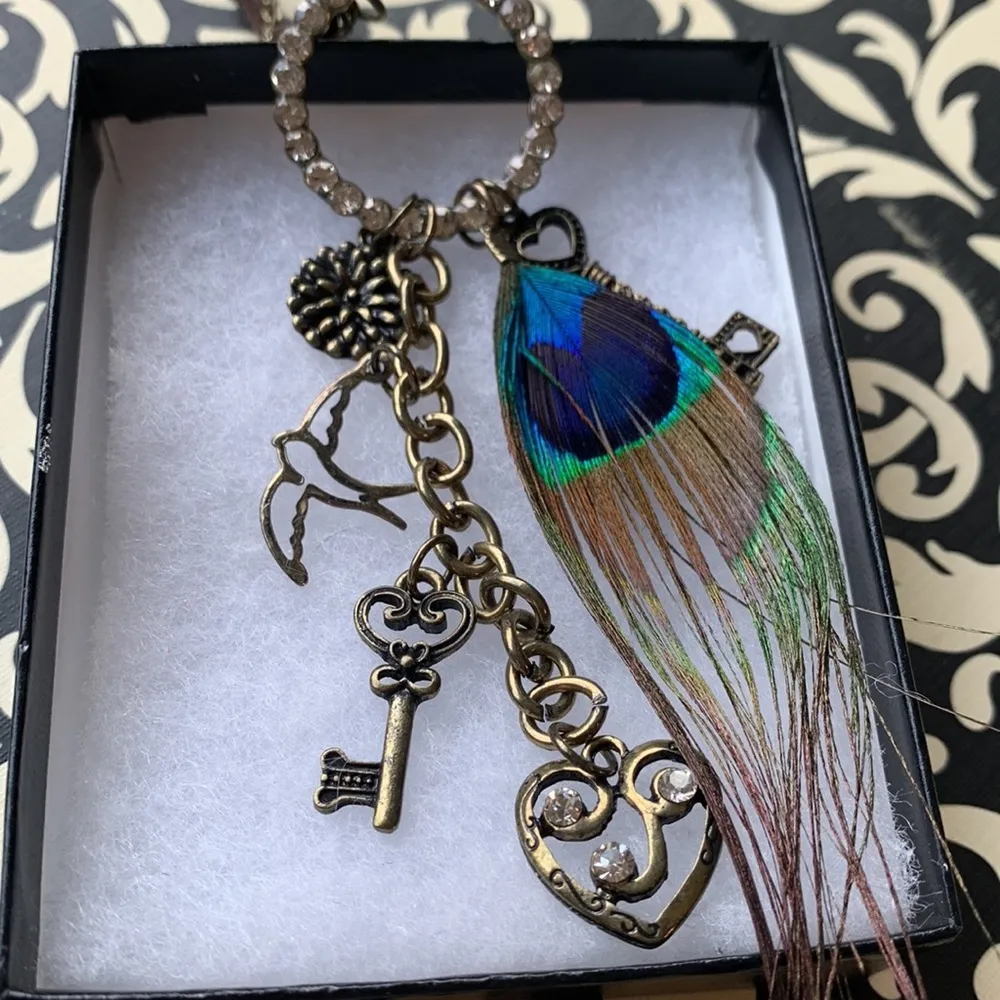 Long Peacock Feather Necklace on Leather and Chain - Image 3