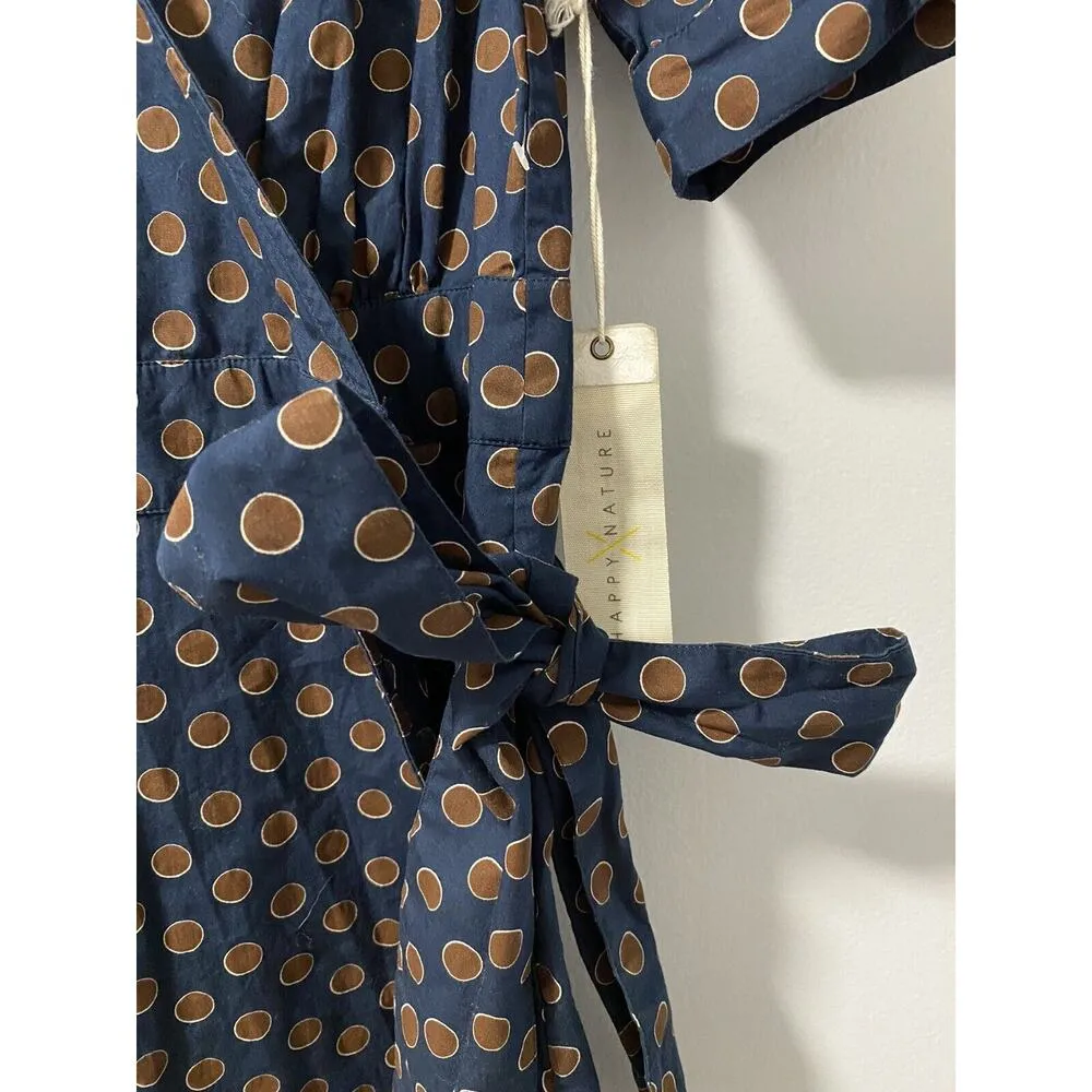 NWT Happy X Nature Polka Dot Wrap VNeck Dress $98 100% Cotton Brown Navy Blue XS - Image 7