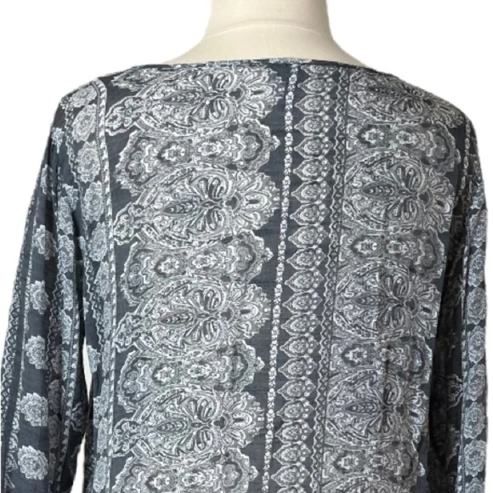 Como Vintage Top Ruffle Hem Sleeves V-neck Boho Gray Batik Print Women’s Size XL - Image 8