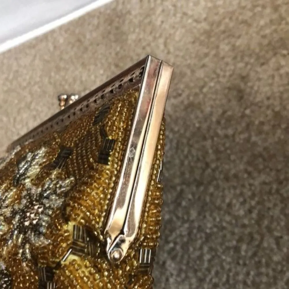 Vintage Micro Beading Petit Point Floral Purse Handbag Clutch Gold - Image 6