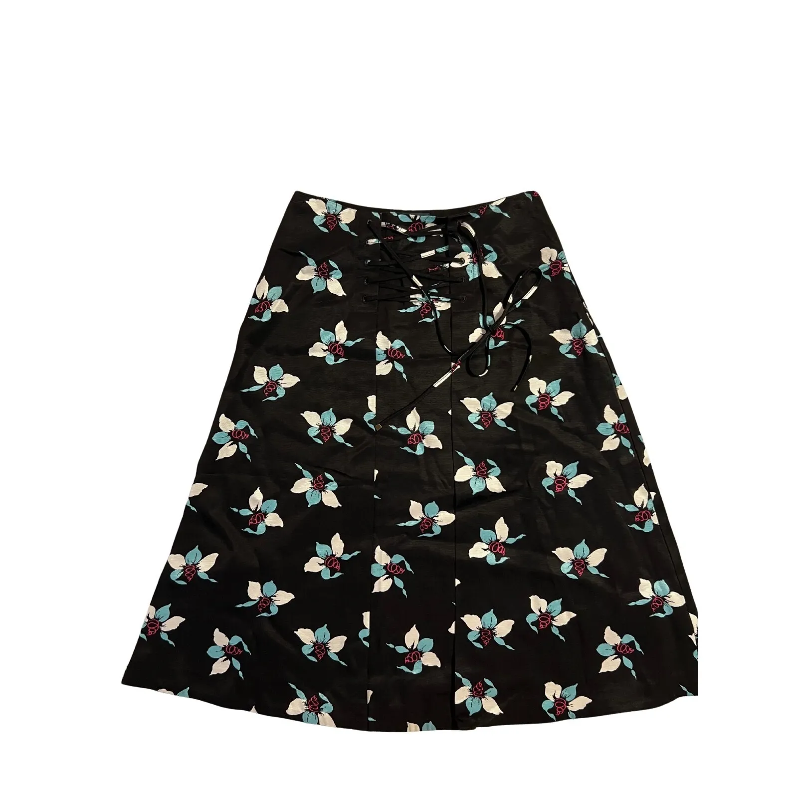 Maeve by‎ Anthropologie Zadie Lace-Up Floral A-Line Skirt Size 2 Black Midi - Image 5