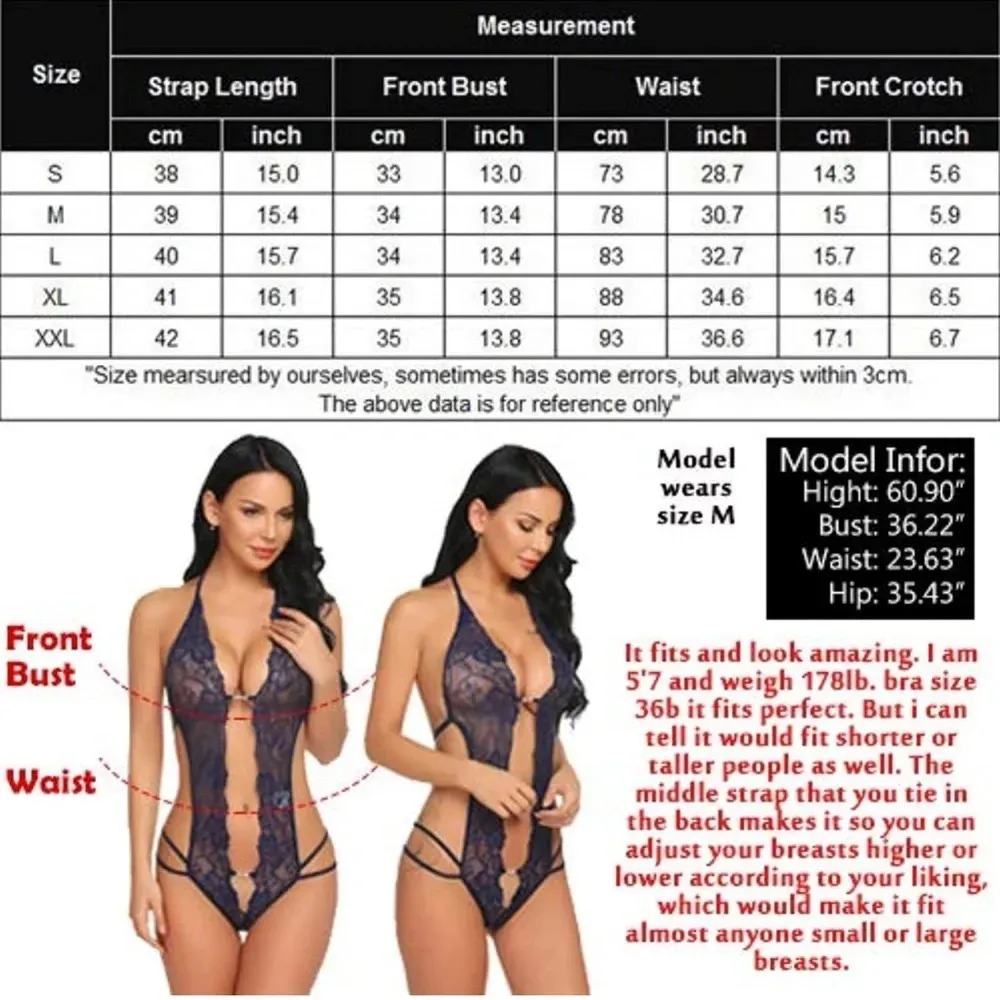 Women’s one-piece lace bodysuit lingerie navy blue, Medium - Image 5