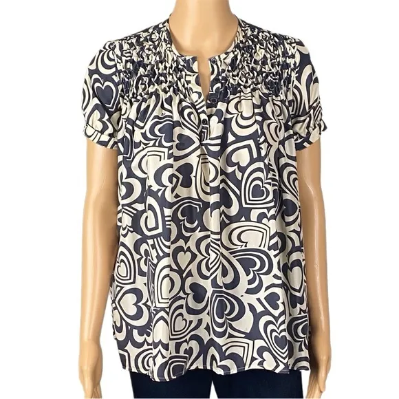 LOVE MOSCHINO 100% Silk dark navy and cream hearts design blouse Size 2 EUC - Image 1