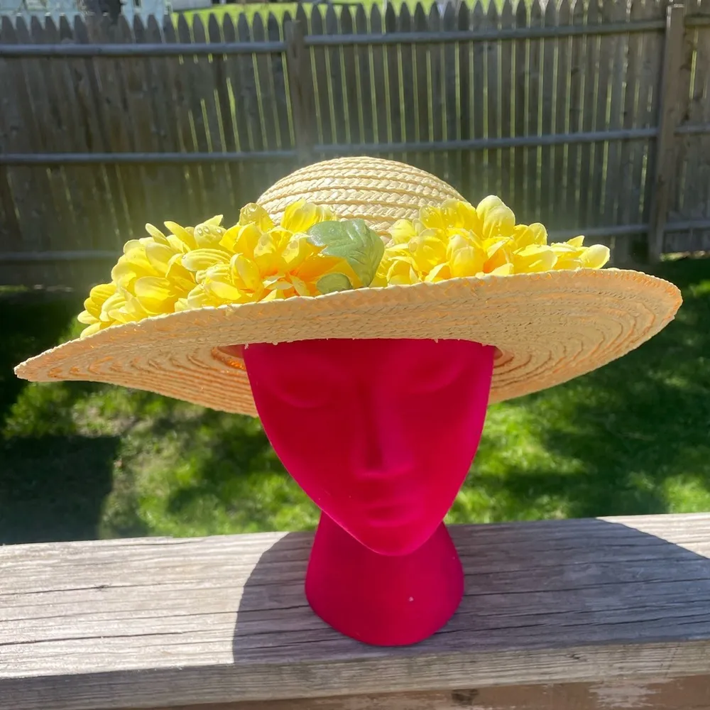 Vintage Kentucky Derby Straw Floral Hat Yellow - Image 2
