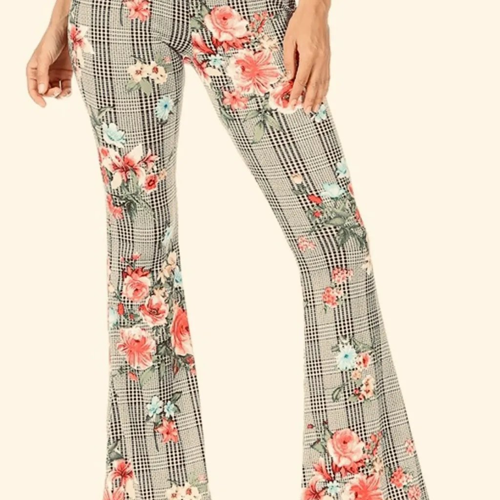 PLAID FLORAL BELL BOTTOM PANT Gray Size L - Image 2