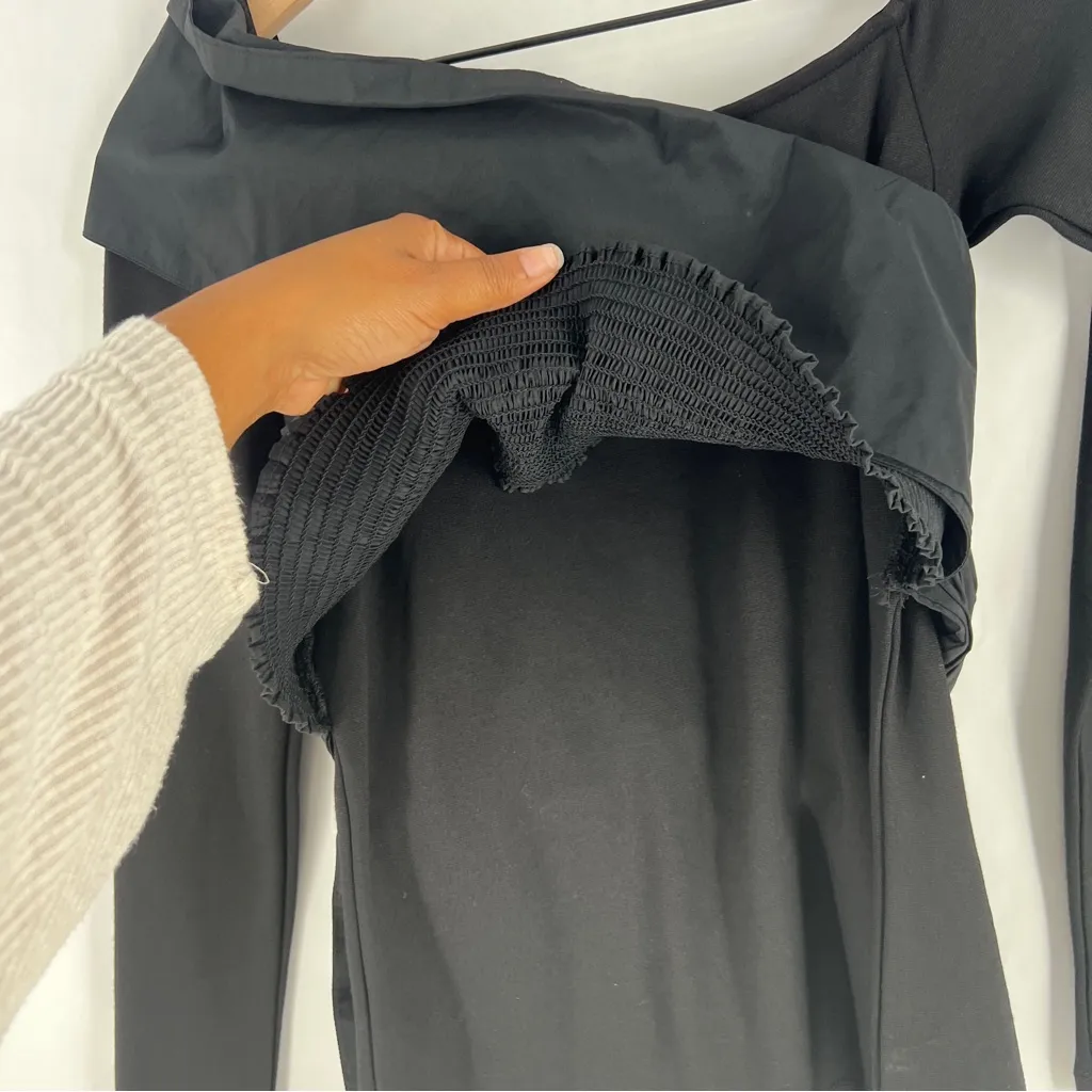 NA-KD Black Smocked Cotton LayeredOff The Shoulder Long Sleeve‎ Top Size S - Image 7