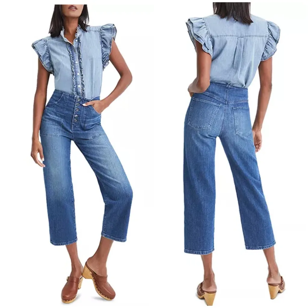 Veronica Beard Crosbie Crop wide crop High Rise Bright Blue Wash Jeans - Image 2