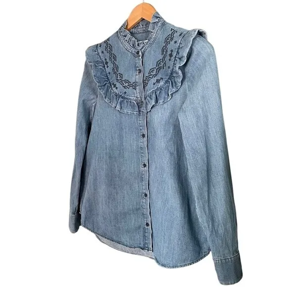 Paris Atelier & Other Stories Embroidered Western Denim Boho Shirt Womens Size 4 - Image 7