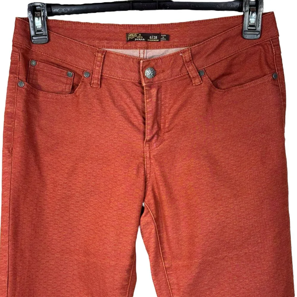 PrAna SZ 6/28 Jeans Stretch Mid-Rise Pockets Straight Leg Geometric Rust Red - Image 2
