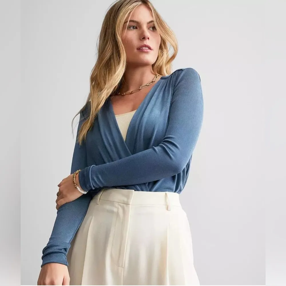 Free People Turnt Surplice Long Sleeve Bodysuit Blue Metal Chic S - Image 3