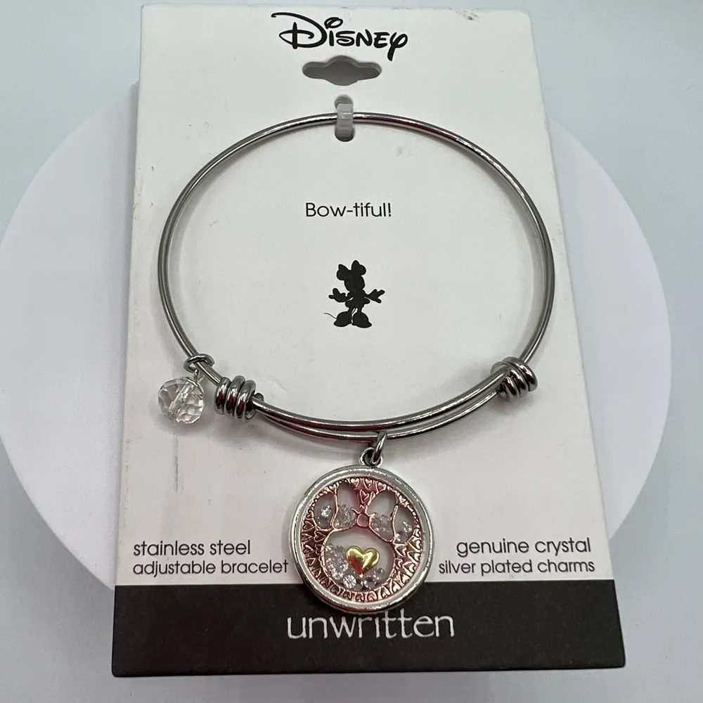 Disney Minnie Mouse Glass Charm Bangle Bracelet Tri Tone NEW - Image 3