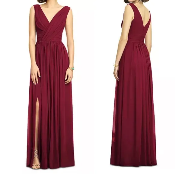 Dessy Collection Shirred Sleeveless Draped Chiffon Maxi Dress Gown: Burgundy Size 4 - Image 2