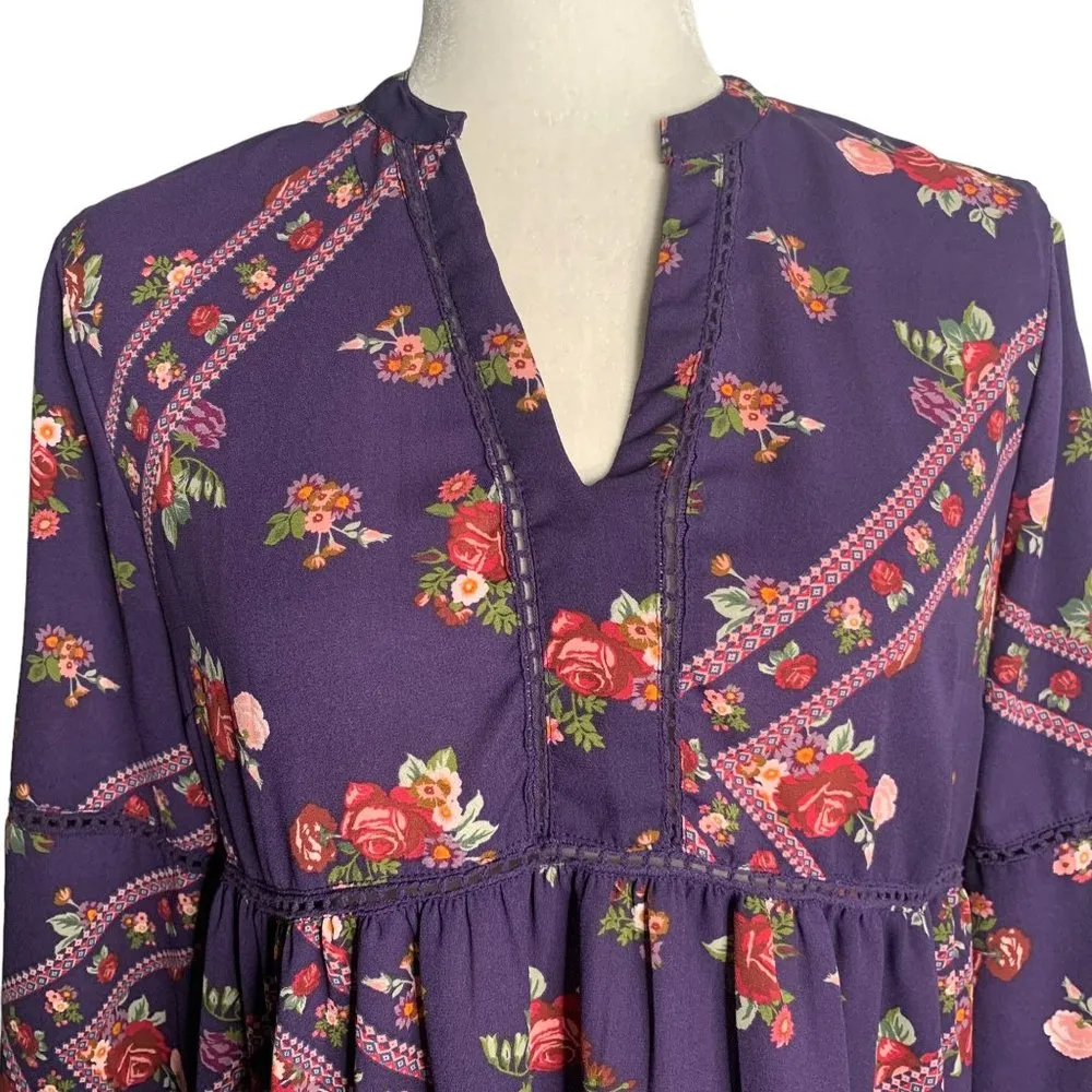 Mi ami Bohemian Baby Doll Blouse M Purple Floral V Neck Puff Sleeve Elastic Size M - Image 2