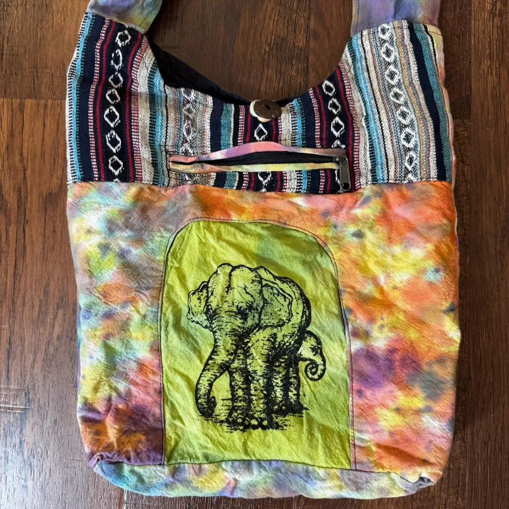 Tie dye boho crossbody fabric bag with elephant image Green - Image 8