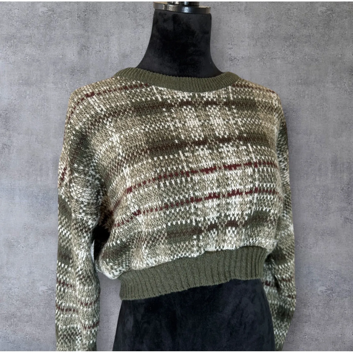 Vtg Basic Editions Grunge Cropped Plaid Crew Neck Sweater Green Fall Size M/L Size L - Image 2