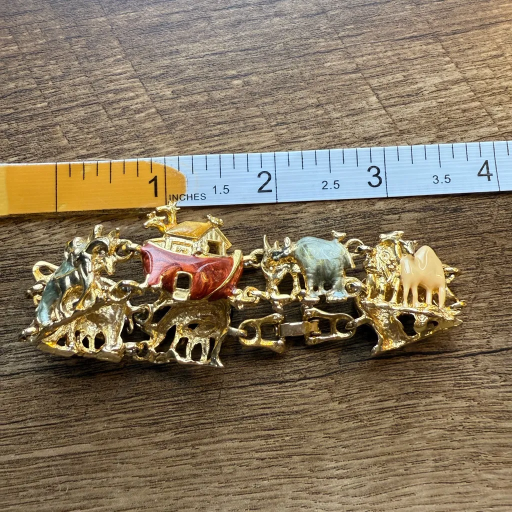 Vintage Gold Tone Multicolor Enamel Noahs Ark Animals Bible Panel Bracelet - Image 8
